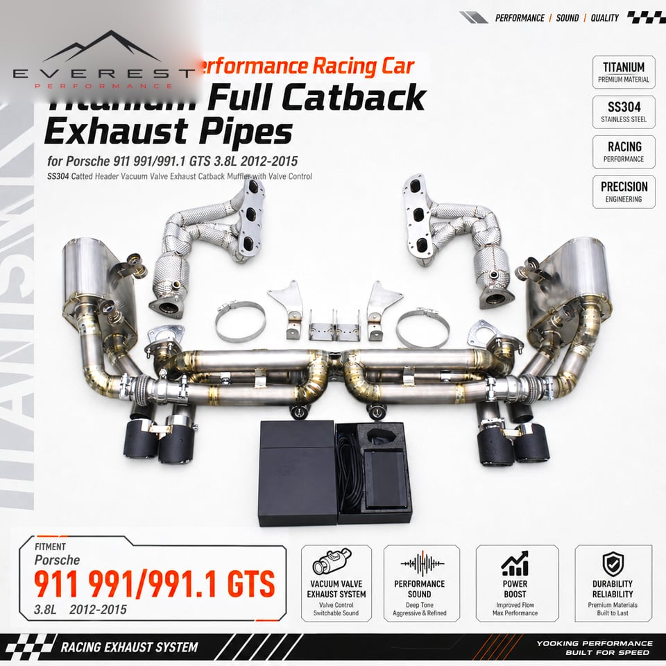 Racing Titanium Brushed 1.2mm Full Catback Exhaust Pipes Porsche 911 991/991.1 GTS 3.8L 2012-2015 SS304 Catted Header