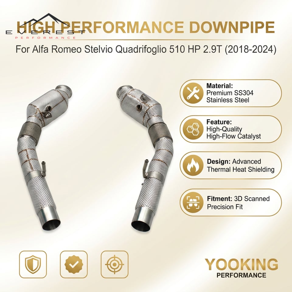 SS304L Exhaust Downpipe for Alfa Romeo Stelvio Quadrifoglio 510 HP 2.9T 2018-2024 With Heat Shield High Flow Catted Downpipe