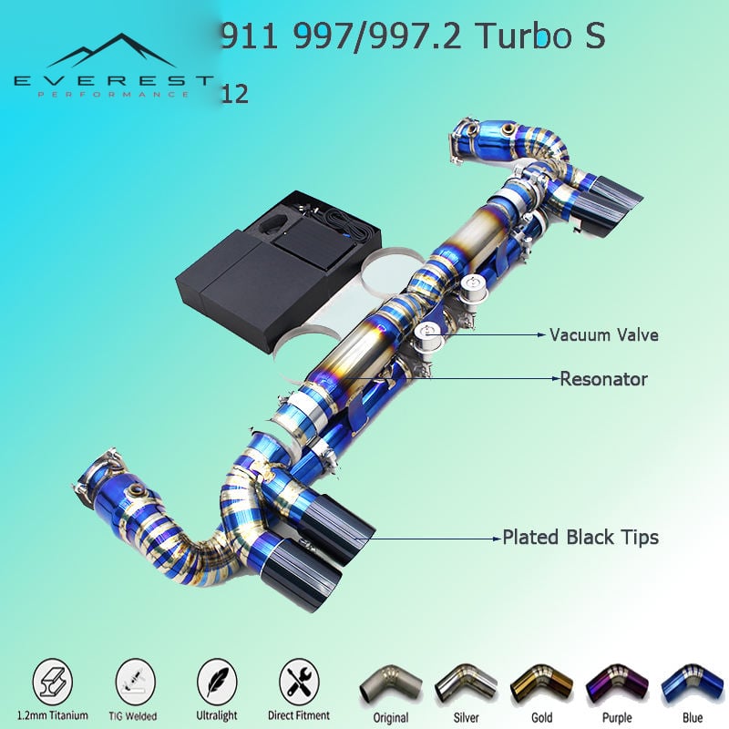 Titanium Exhaust Pipe System for Porsche 911 997/997.2 Turbo S 3.8T 2010-2012 Vacuum Valve Catback Muffler Plated Black Tips