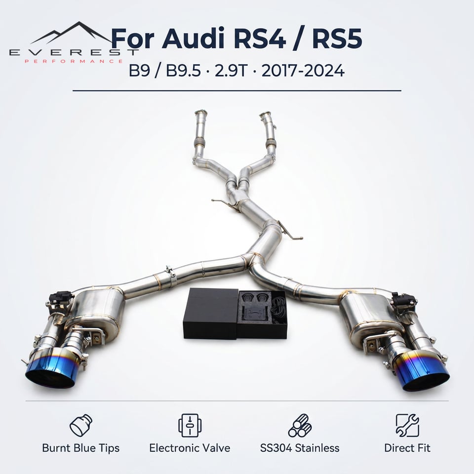 SS304 Exhaust Pipe System for Audi RS4/RS5 B9/B9.5 2.9T 2017-2024 Valvetronic Catback Exhaust Muffler With RS Burnt Blue Tips