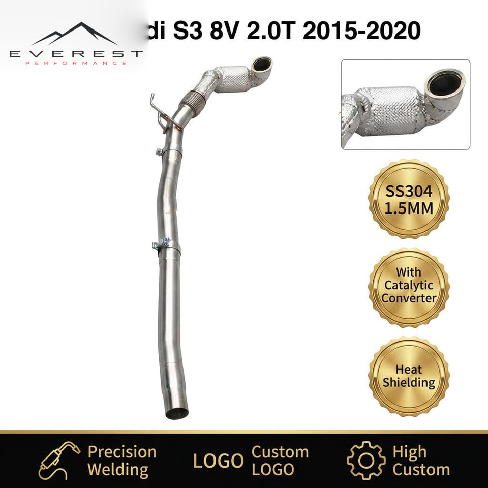 SS304 1.5mm High Quality Exhaust for Audi S3 8V 2.0T 2015-2020 High Flow Catted Downpipe with Catalyst 100/200/300 Cell