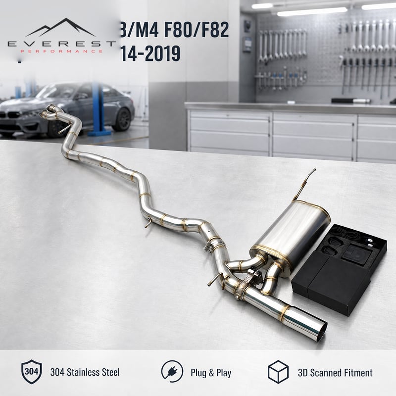 Direct-fit 3inch Single Exit Muffler Catback for M3/M4 F80/F82 3.0T 2014-2019 Track Exhaust System With Straight-Cut Silver Tips