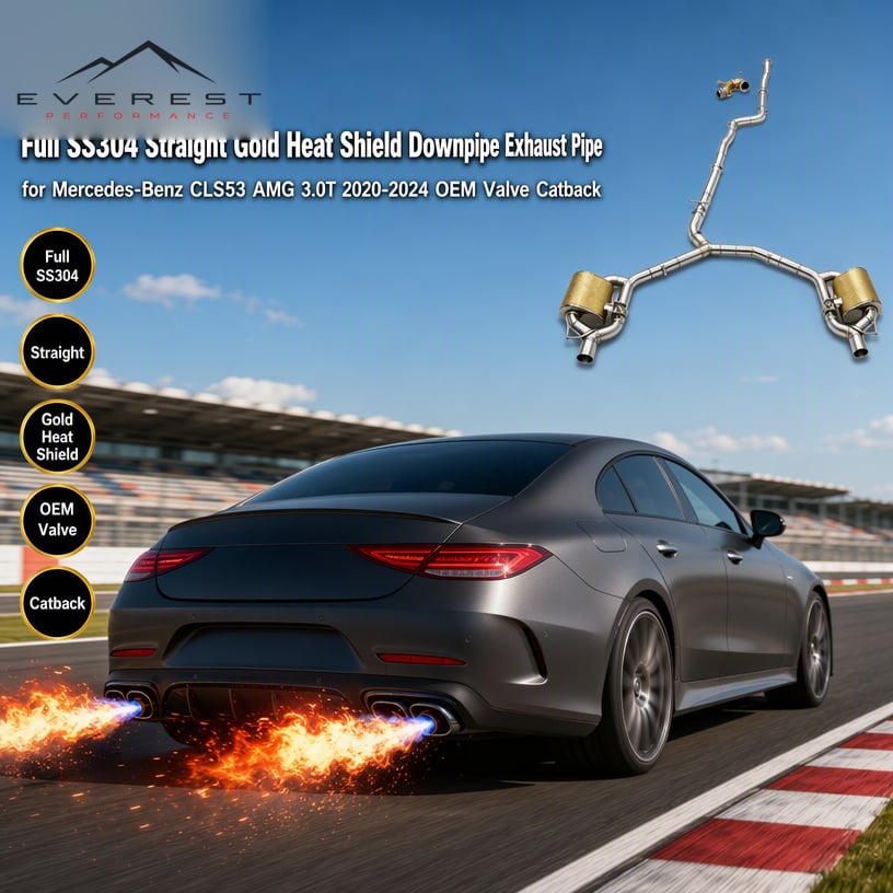 Full SS304 Straight Gold Heat Shield Downpipe Exhaust Pipe for Mercedes-Benz CLS53 AMG 3.0T 2020-2024 Valve Catback