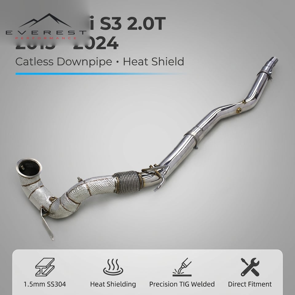 SS304 Exhaust Downpipe for Audi S3 2.0T 2015-2024 Heat Shield Free Flow Downpipe