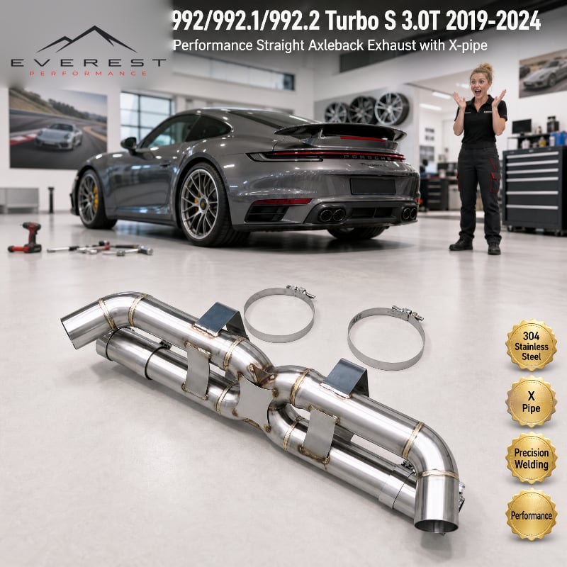 Stainless Steel Performance Straight Axleback Exhaust for Porsche 911 992/992.1/992.2 Turbo S 3.0T 2019-2024 X-pipe