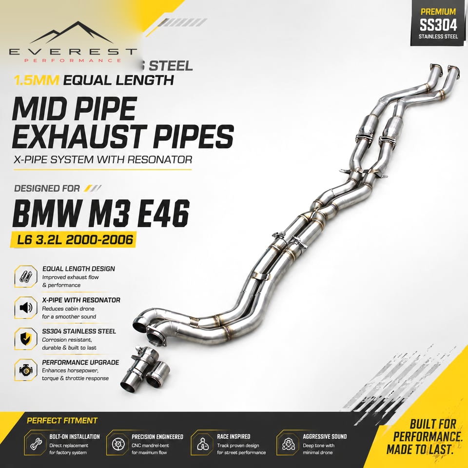 Racing Equal Length Mid Pipe Exhaust Pipes for BMW M3 E46 L6 3.2L 2000-2006 Stainless Steel 1.5mm X-pipe System with Resonator