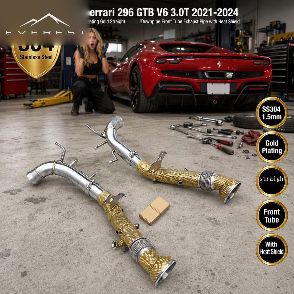 SS304 Plating Gold Straight Downpipe System Full Catback Exhaust Pipe for Ferrari 296 GTB V6 3.0T 2021-2024 Heat Shield