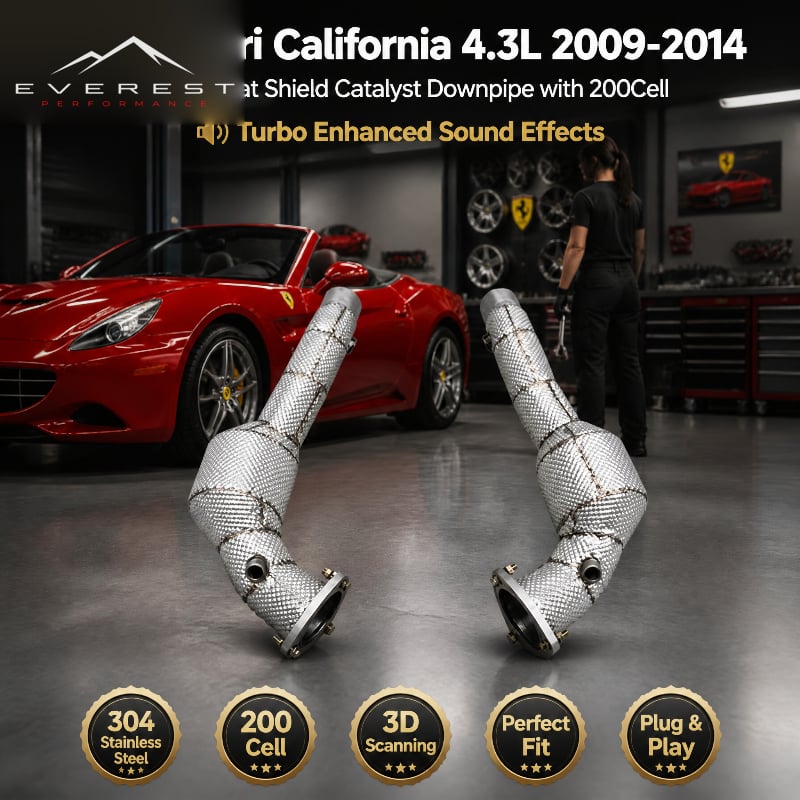 SS304 Heat Shield Catalyst Downpipe with 200cell for Ferrari California 4.3L 2009-2014 Turbo Enhanced Sound Effects