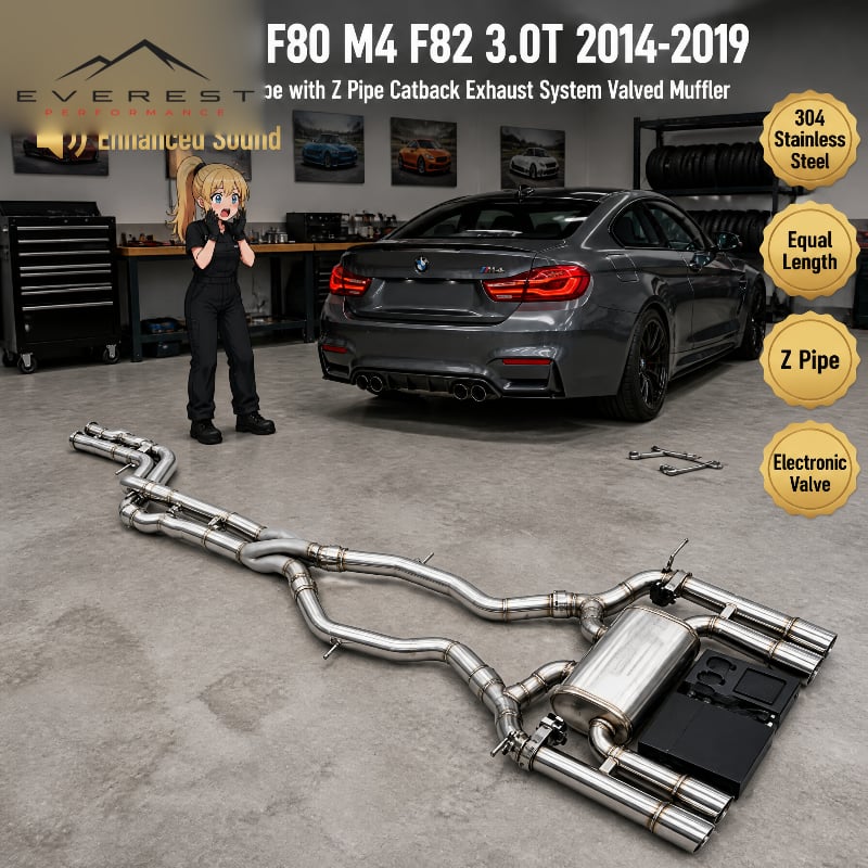 SS304 Equal Length Mid Pipe with Z Pipe Catback Exhaust System for BMW M3 F80 M4 F82 3.0T 2014-2019 Valved Muffler