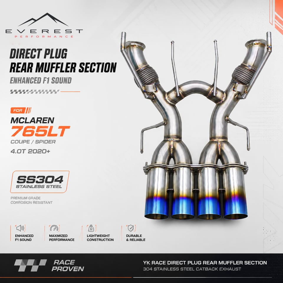 Race Direct Plug Rear Muffler Section for Mclaren 765LT Coupe/Spider 4.0T 2020+ Enhanced F1 Sound 304 Stainless Steel Catback
