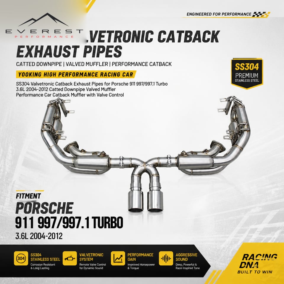 Racing SS304 Valvetronic Catback Exhaust Pipes for Porsche 911 997/997.1 Turbo 3.6L 2004-2012 Catted Downpipe Valved Muffler