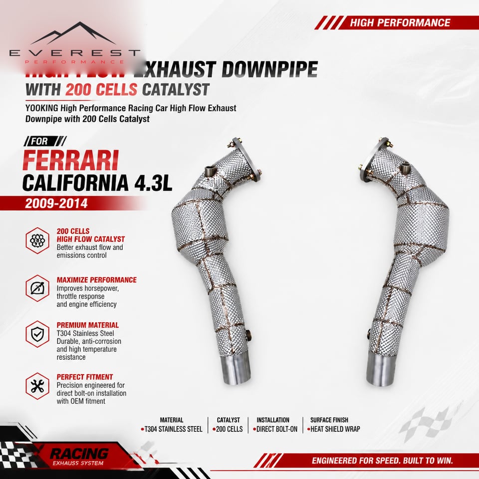 Racing High Flow Exhaust Downpipe with 200 Cells Catalyst for Ferrari California 4.3L 2009-2014 Stainless Steel Catted Downpipes
