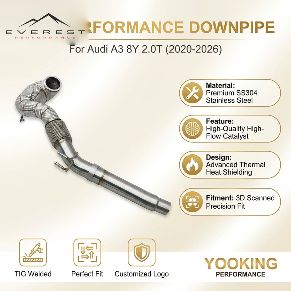 SS304L Exhaust Downpipe for Audi A3 8Y 2.0T 2020-2026 High Flow Catted Downpipe 100/200/300 Cell