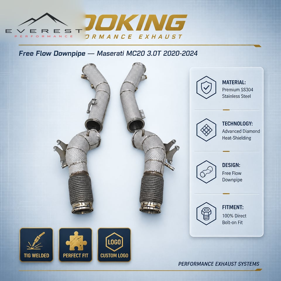 SS304 Exhaust Downpipes for Maserati MC20 3.0T 2020-2024 Free Flow Downpipes With Heat Shield OPF