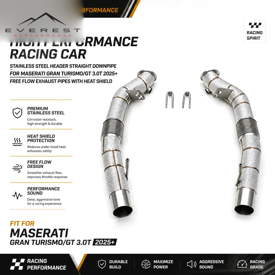 Racing Stainless Steel Header Straight Downpipe for Maserati Gran Turismo/GT 3.0T 2025+ Free Flow Exhaust Pipes with Heat Shield