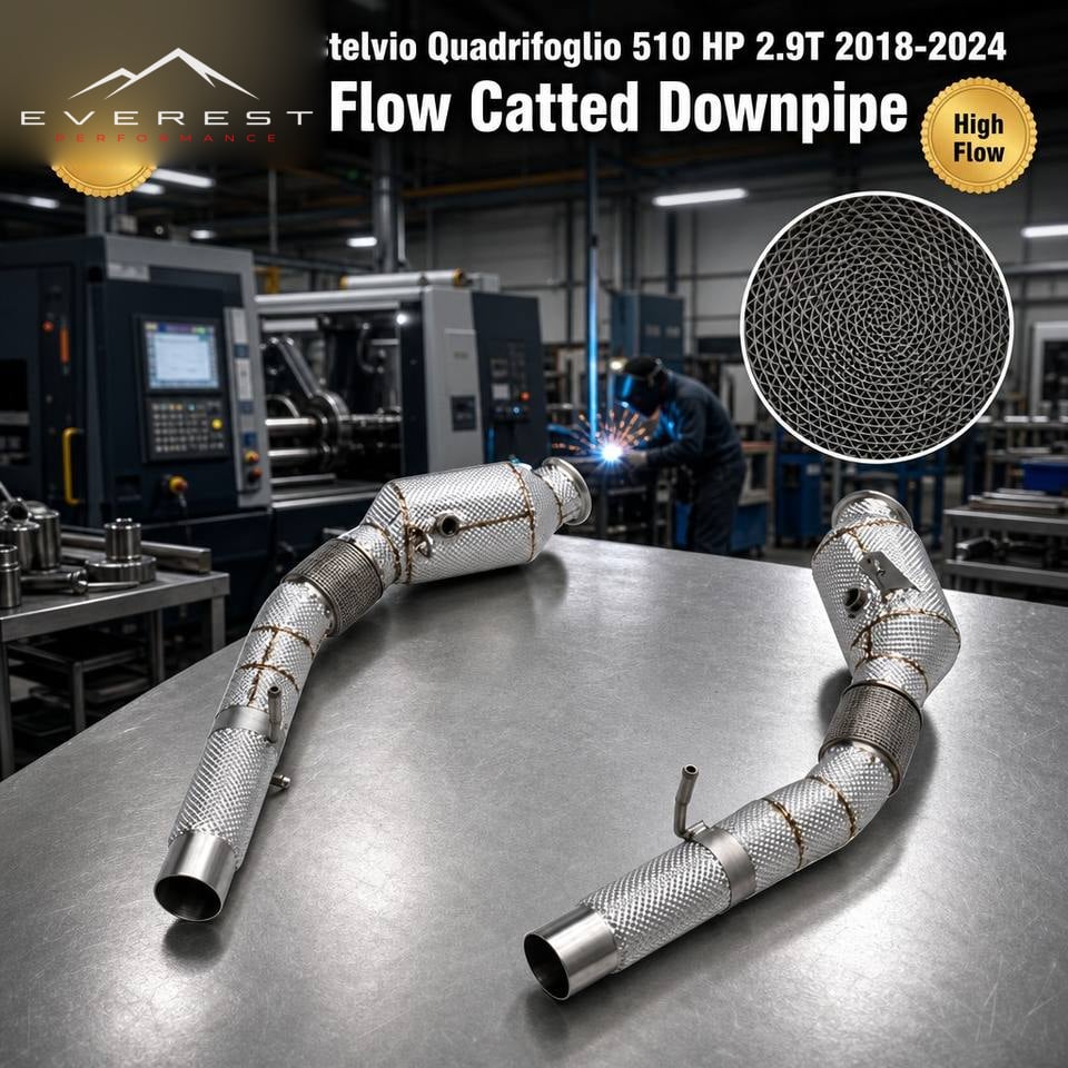 SS304 High Flow Catted Downpipe for Alfa Romeo Stelvio Quadrifoglio 510 HP 2.9T 2018-2024 With Heat Shield High Quality