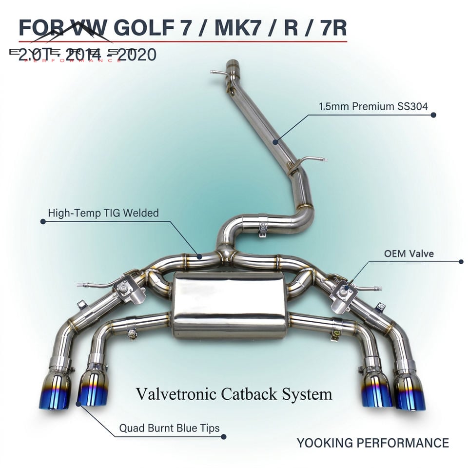 SS304L Exhaust Pipe System for VW GOLF 7/MK7/R/7R 2.0T 2014-2020 High Quality Valve Catback Exhaust With Baked Blue Tips