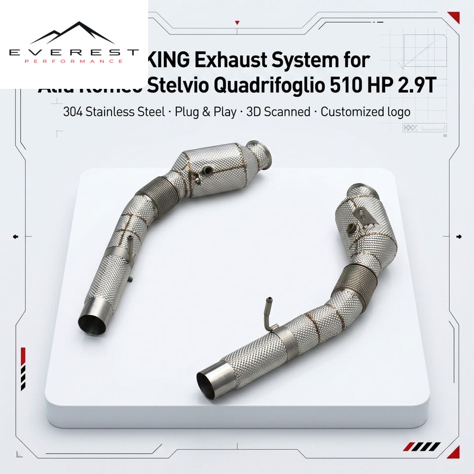 Heat Shield Exhaust Pipe with Catalyst for Alfa Romeo Stelvio Quadrifoglio 510 HP 2.9T 2018-2024 High Flow Catted Downpipe