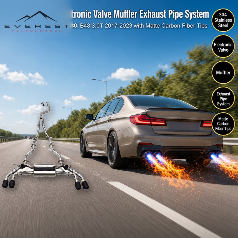 SS304 Electronic Valve Muffler Exhaust Pipe System for BMW 530/530i B48 3.0T 2017-2023 with Matte Carbon Fiber Tips