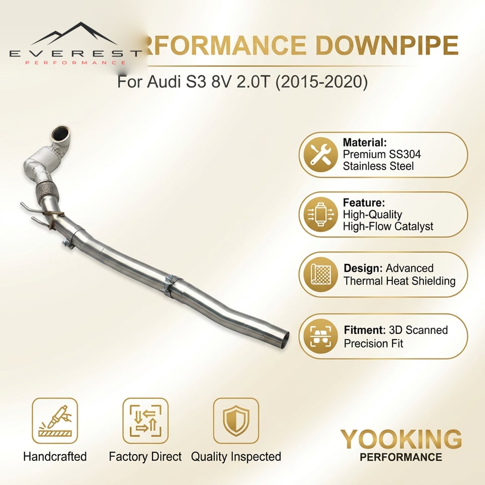 SS304L Exhaust Downpipe for Audi S3 8V 2.0T 2015-2020 High Flow Catted Downpipe with Catalyst 100/200/300 Cell