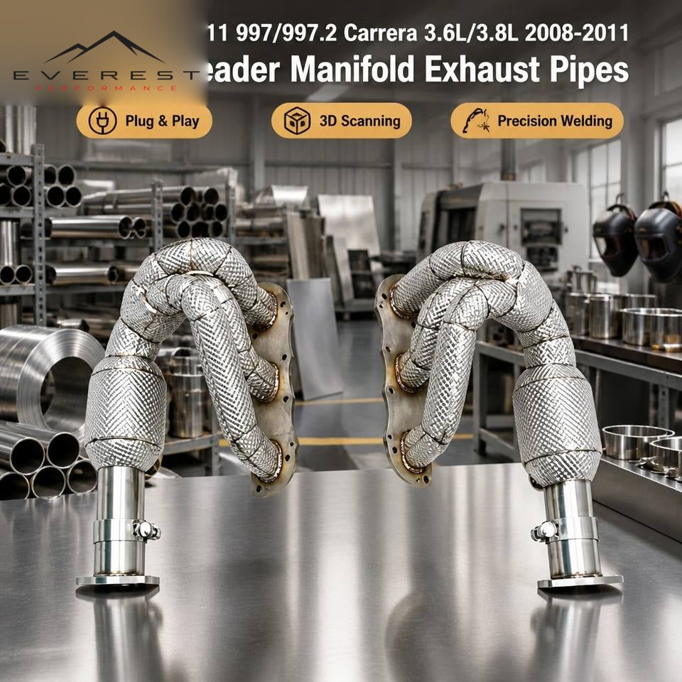 SS304 Header Manifold Exhaust Pipes for Porsche 911 997/997.2 Carrera 3.6L/3.8L 2008-2011 Heat Shield with Catalyst